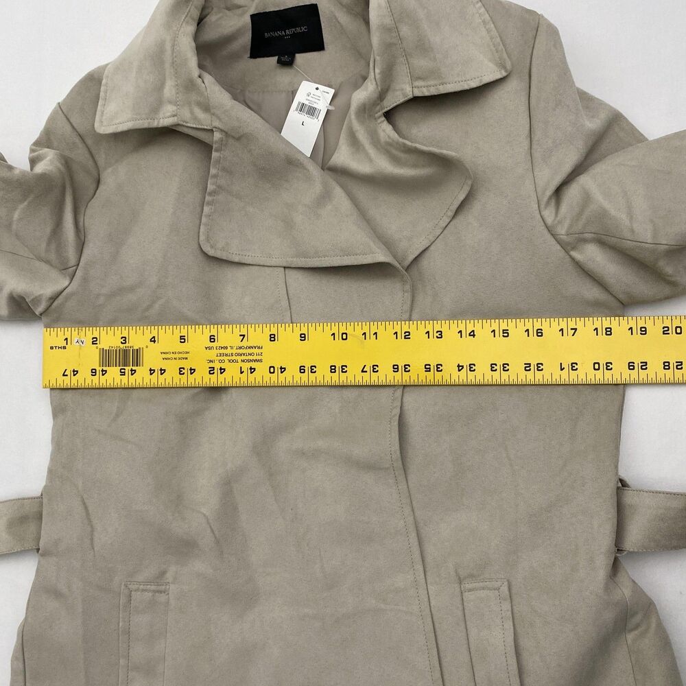 Banana Republic Faux Suede Trench Coat Jacket Tie Drape Front Womens Large Beige - Picture 10 of 11